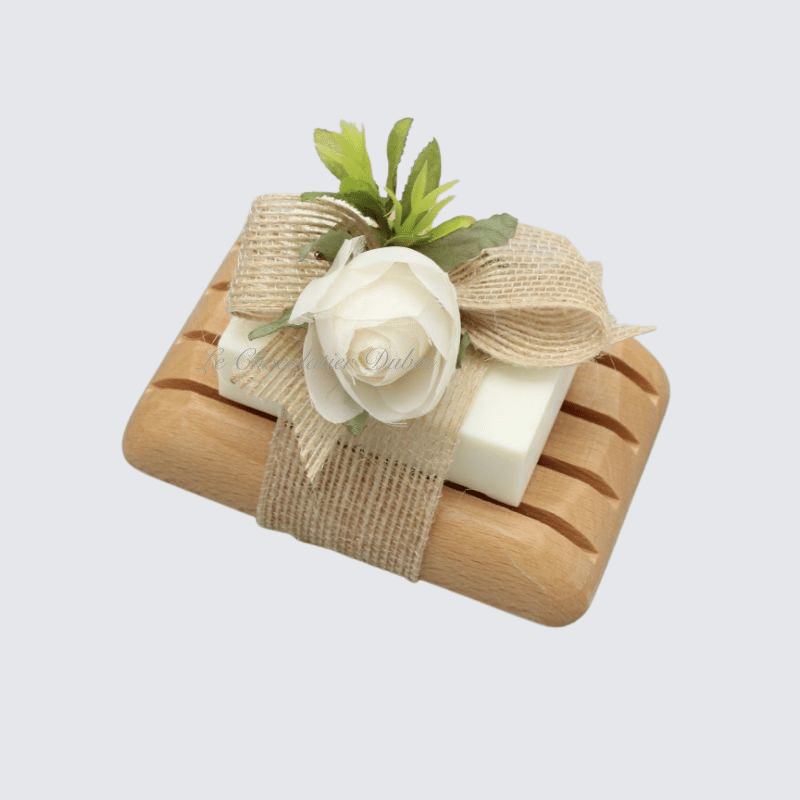 Crochet decorated natural olive oil soap with a pine wood dish