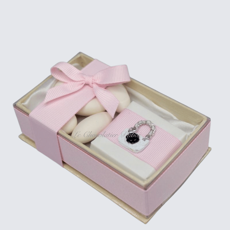 Baby girl decorated chocolate & almond dragees view top box