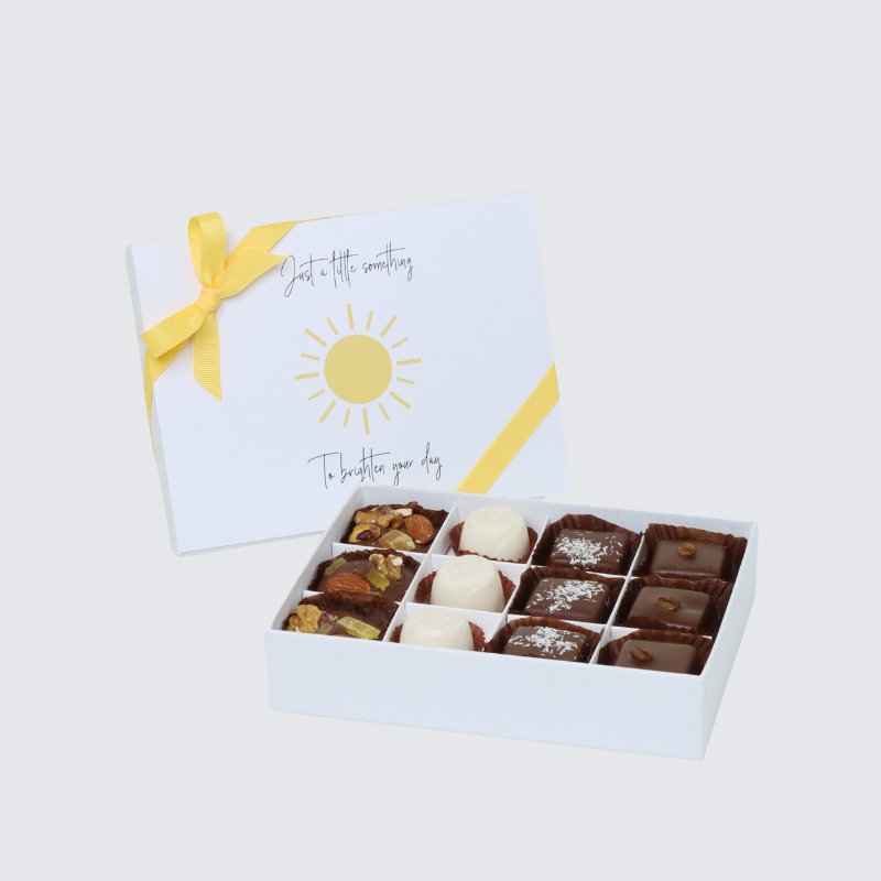 "Brighten your day" sun designed chocolate 12-piece chocolate hard box