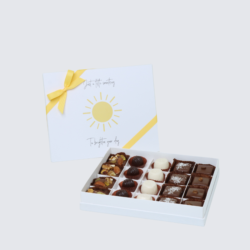 "Brighten your day" sun streak designed chocolate 20-piece chocolate hard box