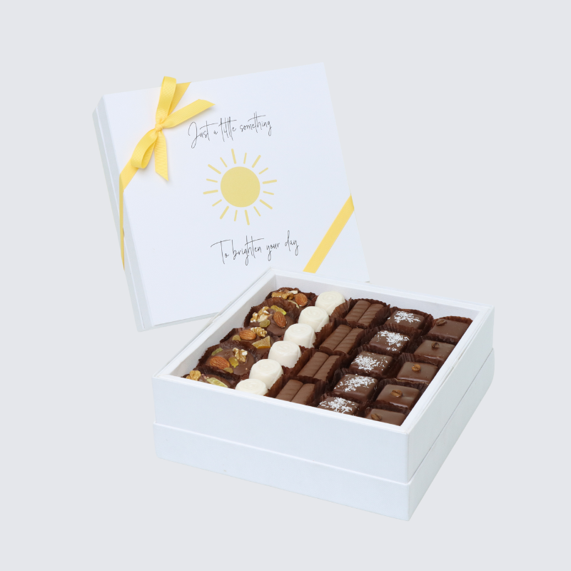 "Brighten your day" sun streak designed chocolate 25-piece chocolate hard box