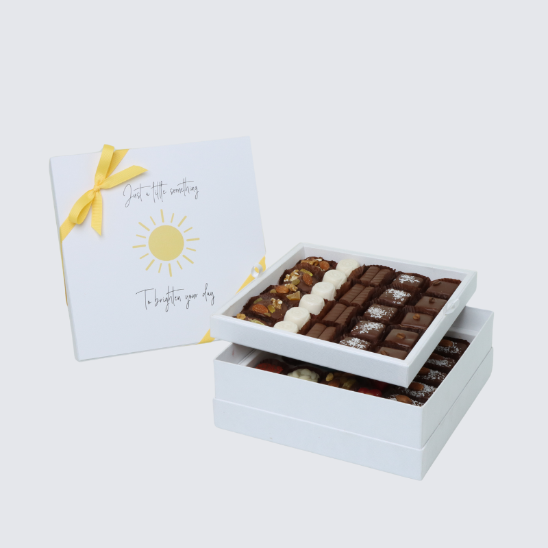 "Brighten your day" sun designed chocolate 50-piece chocolate hard box