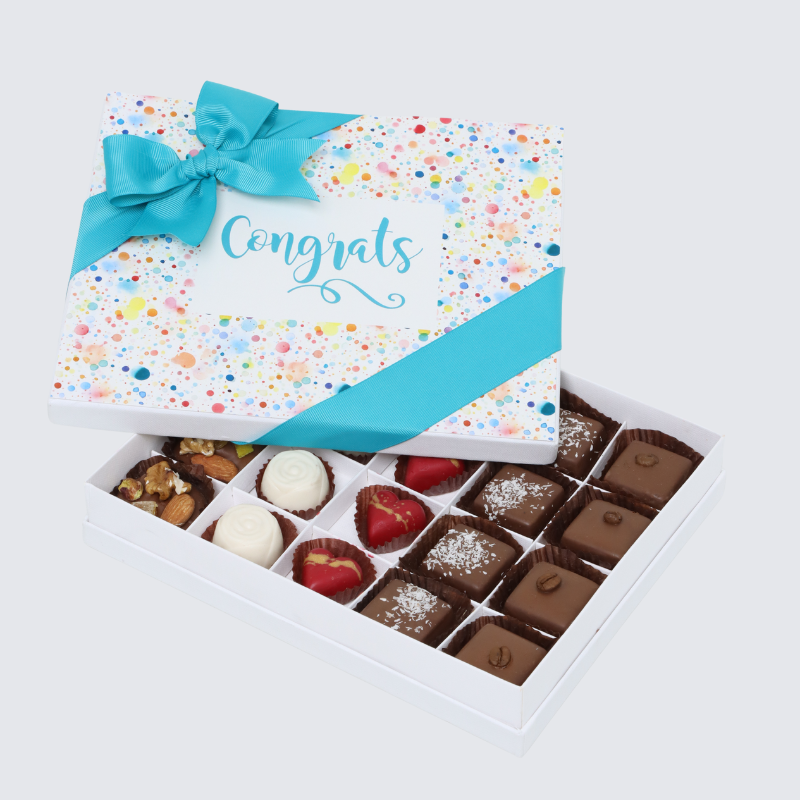 "CONGRATS" COLORED BUBBLE DESIGNED 20-PIECE CHOCOLATE HARD BOX