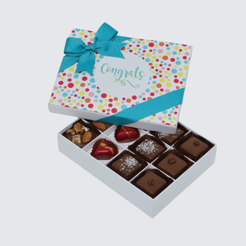 "CONGRATS" CIRCLE COLORED DESIGNED 12-PIECE CHOCOLATE HARD BOX