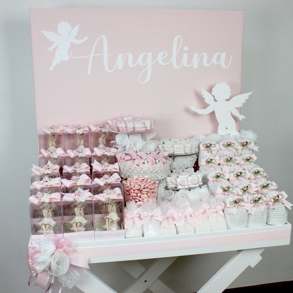 Baby angel personalized crochet decorated chocolate wood stand with personalized backdrop.