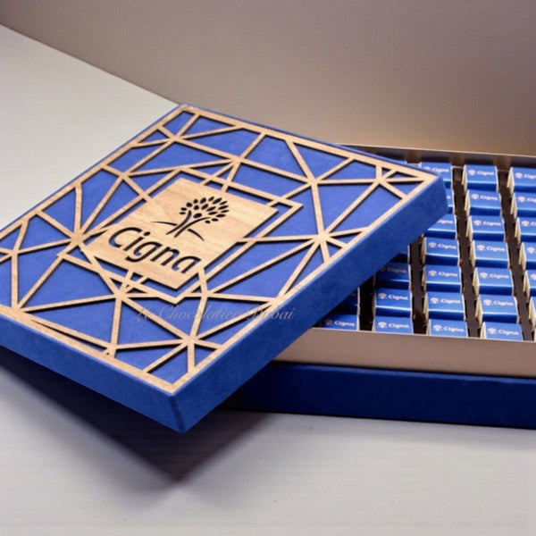 Corporate branded laser cut wood chocolate hard box
