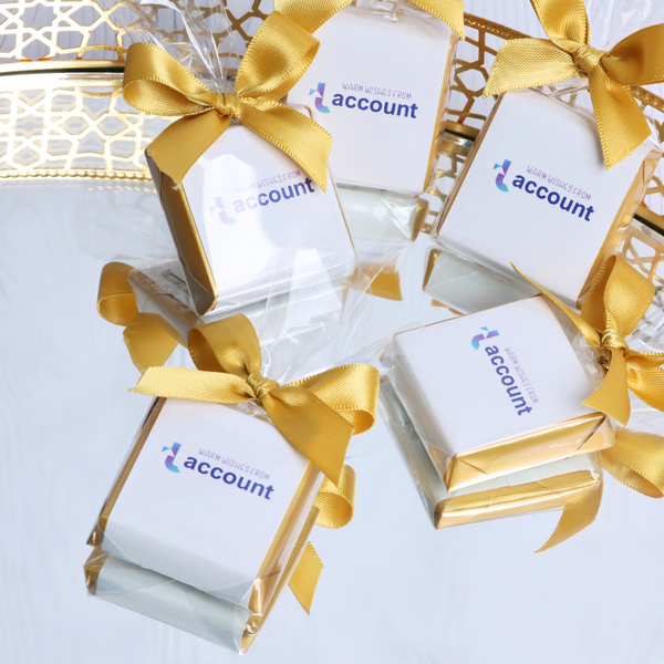 Corporate branded premium loose chocolate pack with ribbon
