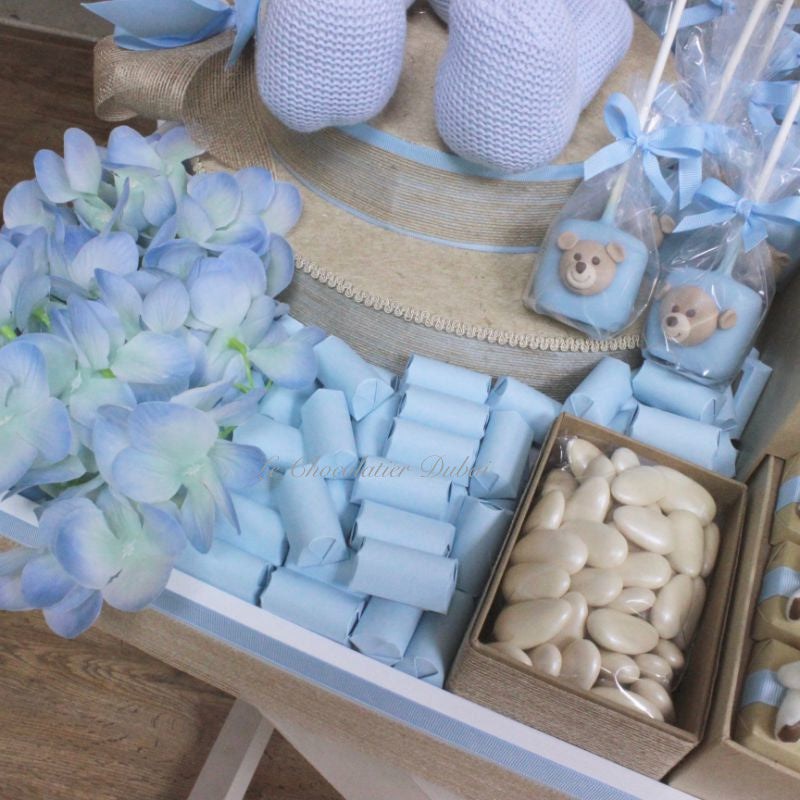 Baby boy teddy theme decorated chocolate wood stand