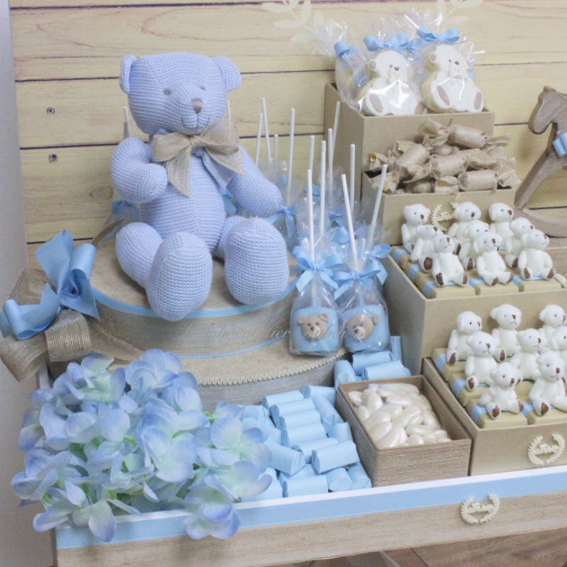 Baby boy teddy theme decorated chocolate wood stand
