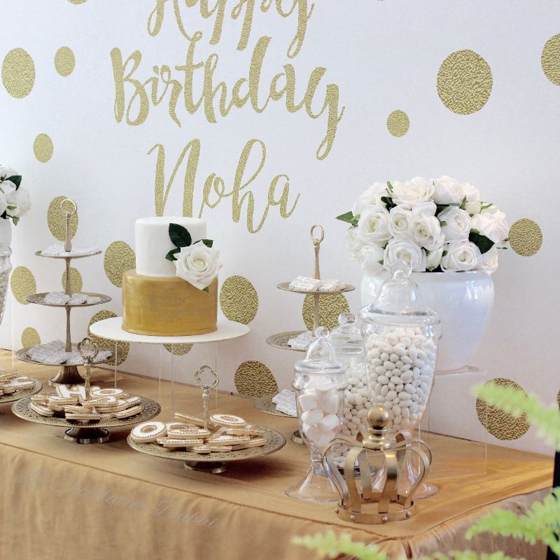 BIRTHDAY GOLD WHITE DESSERT / SWEETS TABLE