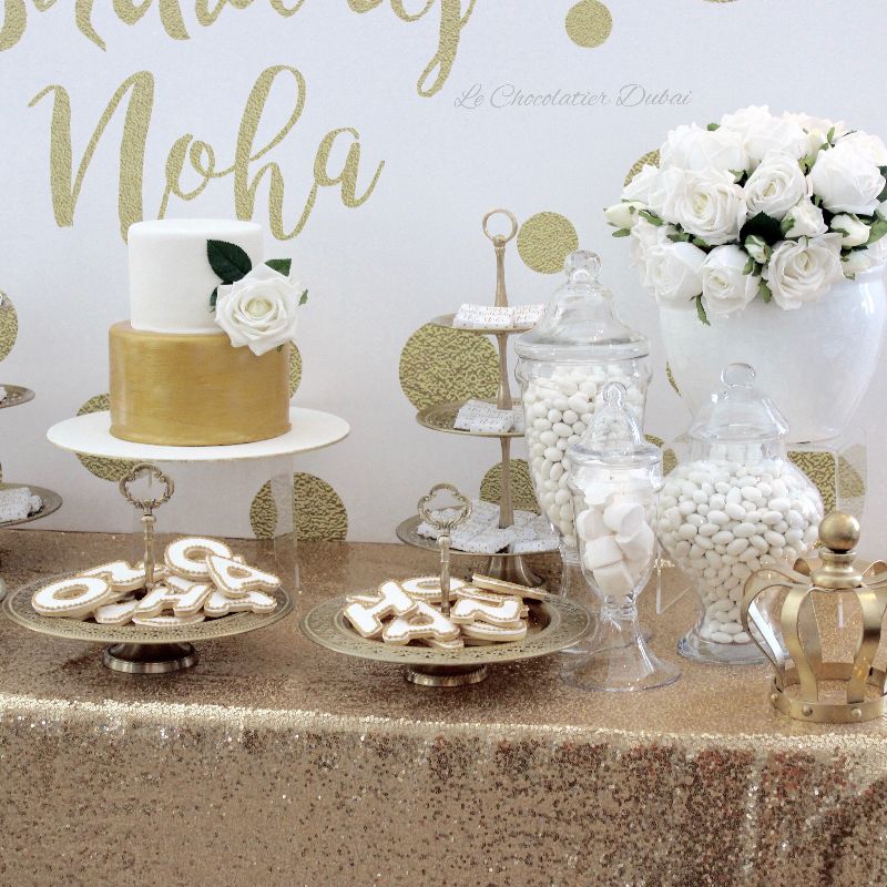 BIRTHDAY GOLD WHITE DESSERT / SWEETS TABLE