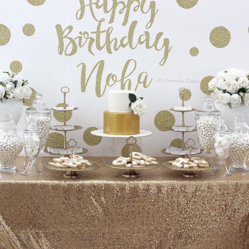 BIRTHDAY GOLD WHITE DESSERT / SWEETS TABLE