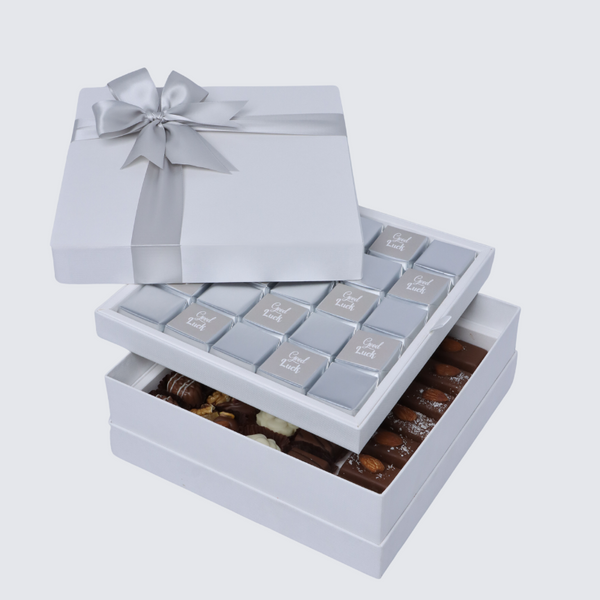 "Good luck" classic silver designed 2-layer premium chocolate hard box