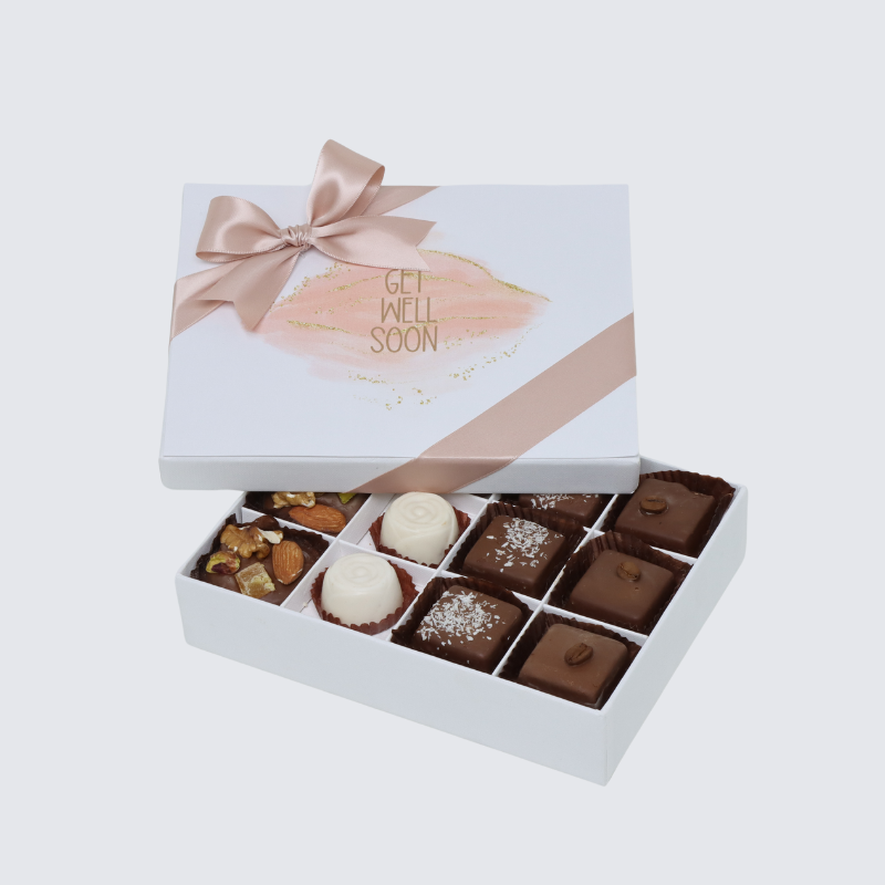 "Get well soon" stain taupe design 12-piece chocolate hard box