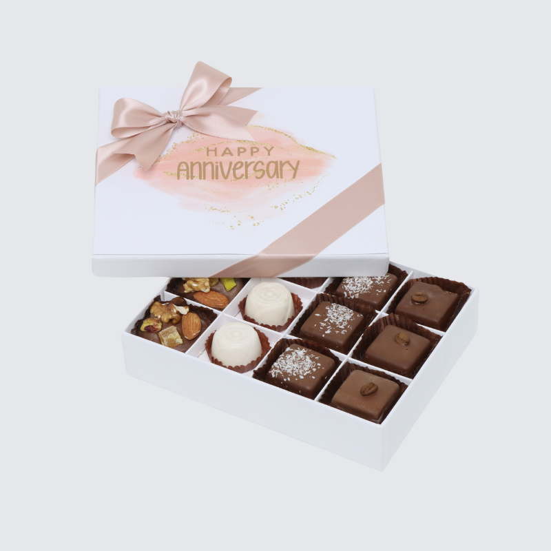 "Happy anniversary" stained taupe designed 12-piece chocolate hard box