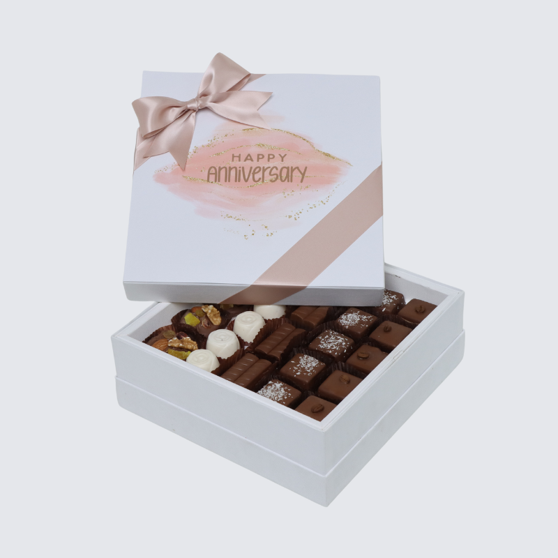 "Happy anniversary" stained taupe designed premium chocolate hard box