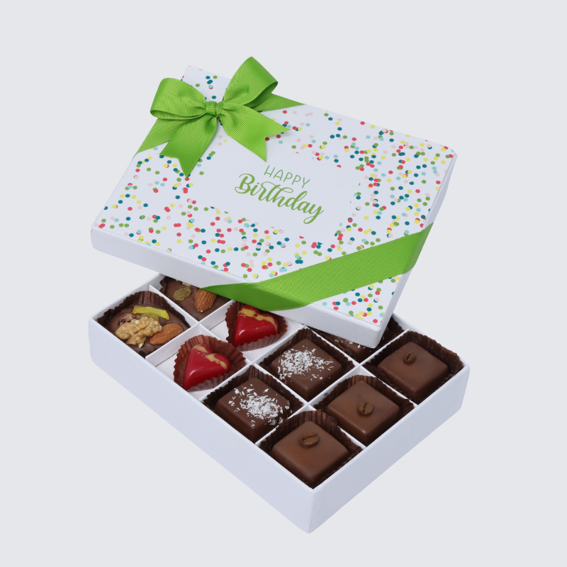 "Happy birthday" green designed 12-piece chocolate hard box