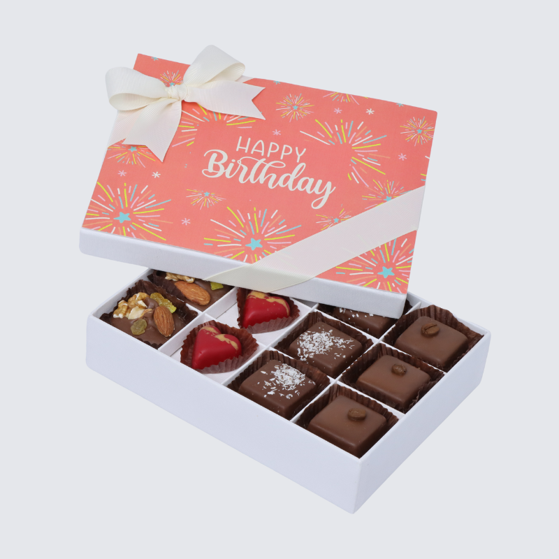 "HAPPY BIRTHDAY" FIREWORKS DESIGNED 12-PIECE CHOCOLATE HARD BOX