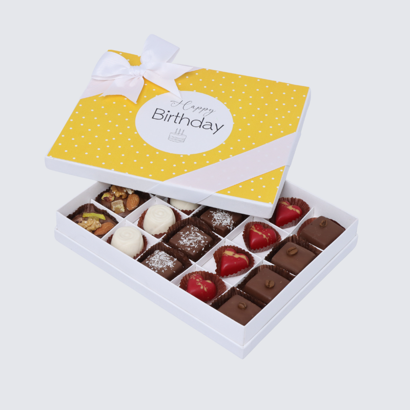 "Happy birthday" yellow polka dot designed 20-piece chocolate hard box