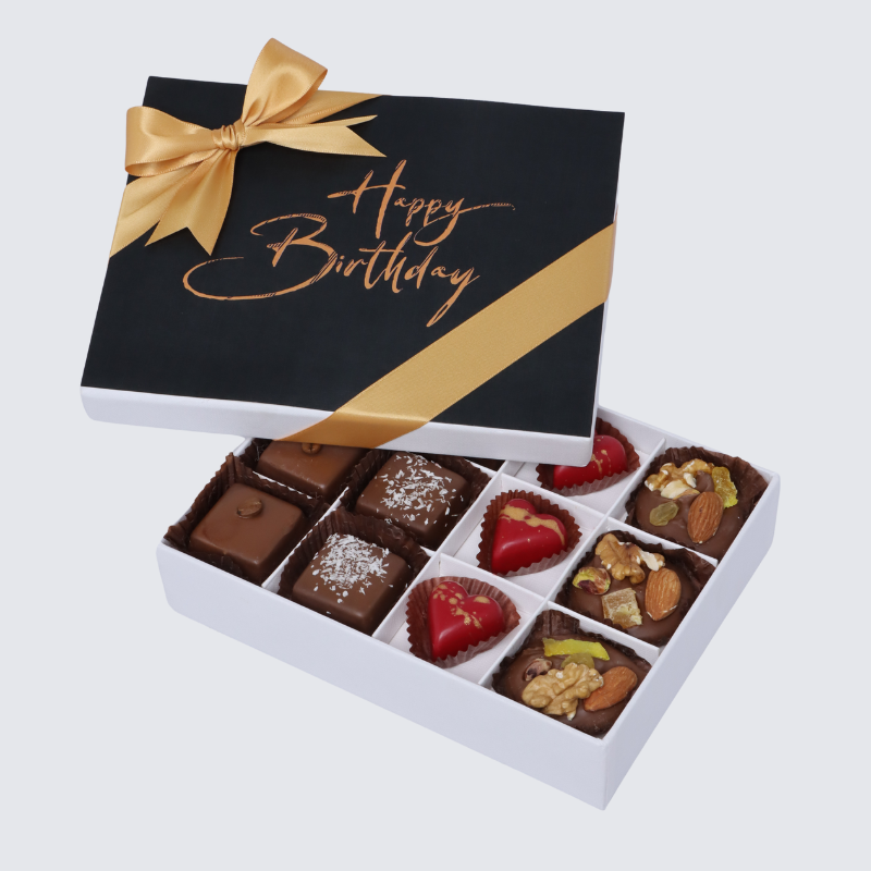 "Happy birthday" black designed 12-piece chocolate hard box