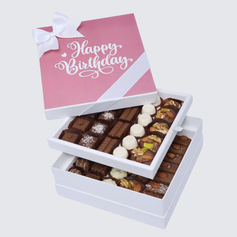 "Happy birthday" pink designed 2-layer chocolate hard box