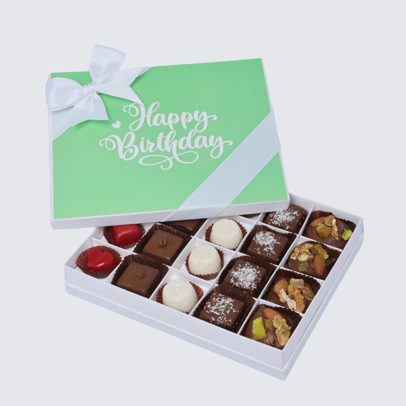 "Happy birthday" green minimalist designed 20-piece chocolate hard box