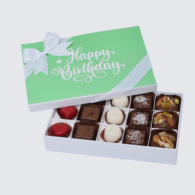 "Happy birthday" green minimalist designed 15-piece chocolate hard box