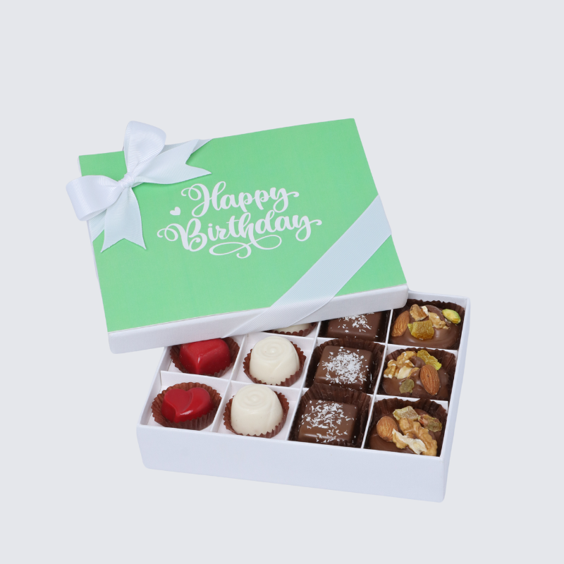 "Happy birthday" green minimalist designed 12-piece chocolate hard box