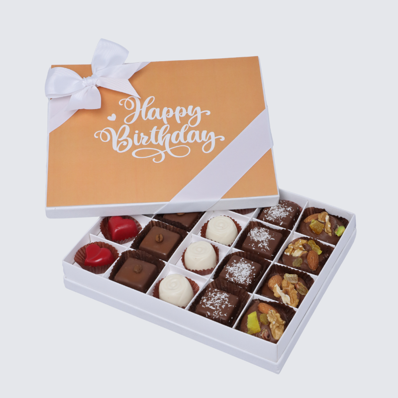 "Happy birthday" orange minimalist designed 20-piece chocolate hard box