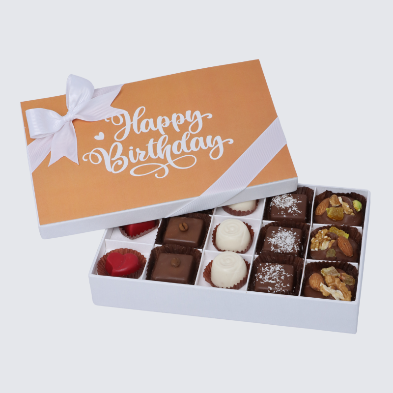 "Happy birthday" orange minimalist designed 15-piece chocolate hard box