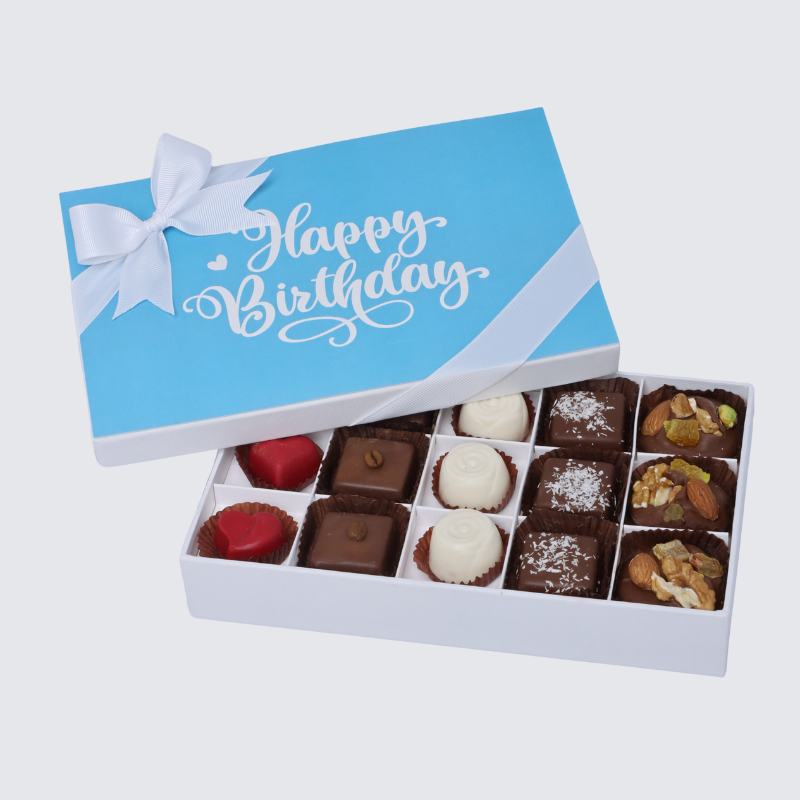 "Happy birthday" blue designed 15-piece chocolate hard box