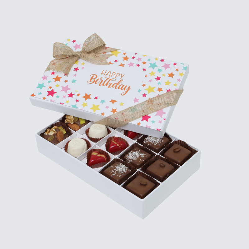 "Happy birthday" star colorful designed 15-piece chocolate hard box