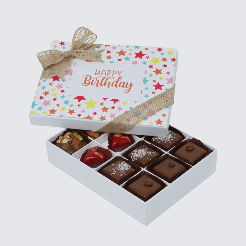 "Happy birthday" star colorful designed 12-piece chocolate hard box