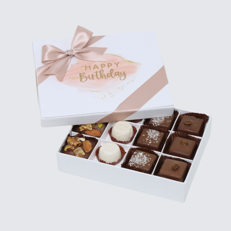 "Happy birthday" stain taupe designed 12-piece chocolate hard box