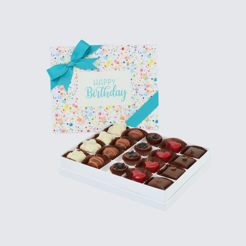 " HAPPY BIRTHDAY " PAINT SPLASH DESIGNED 20-PIECE CHOCOLATE HARD BOX