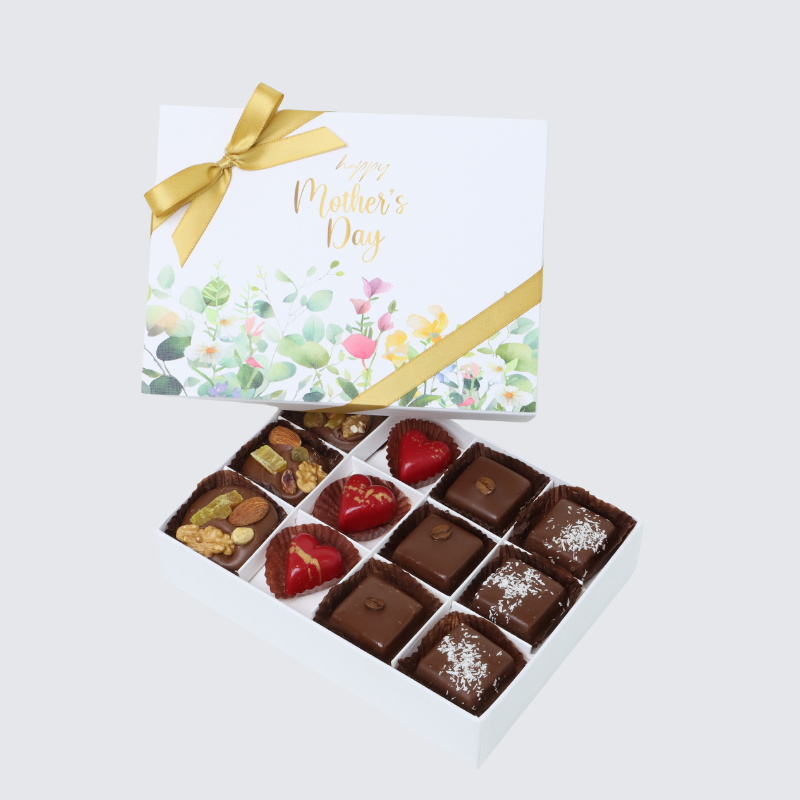 "Happy mother's day" flowers designed 12-piece chocolate hard box