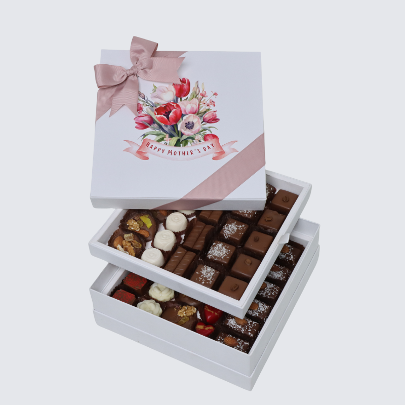 "Happy mother's day" floral designed 2-layer (1 kilo) chocolate hard box