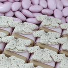 Baby vintage crochet decorated chocolate wood stand