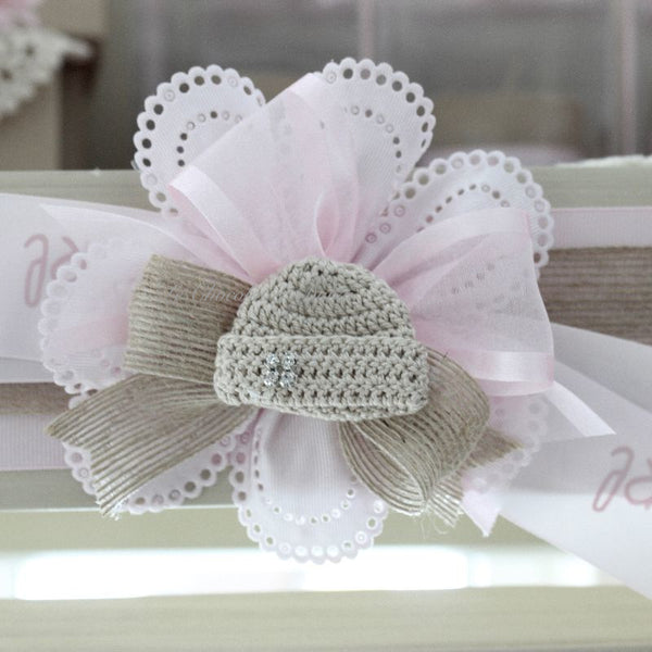 Baby vintage crochet decorated chocolate wood stand