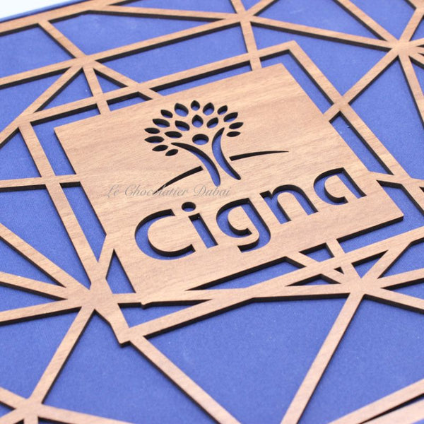 Corporate branded laser cut wood chocolate hard box