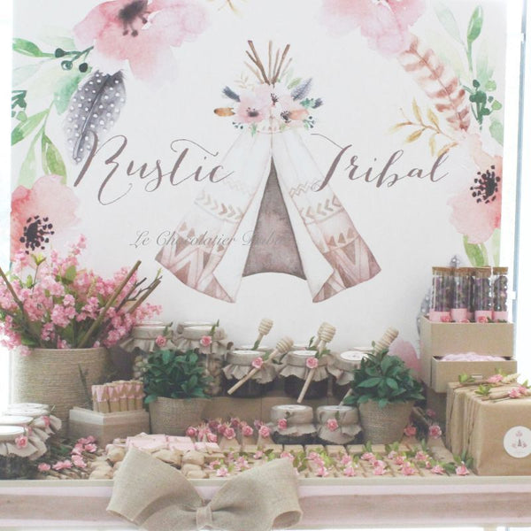 Rustic tribal baby girl decorated chocolate wood stand