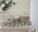 Baby girl rustic floral chocolate wood stand with personalized backdrop.