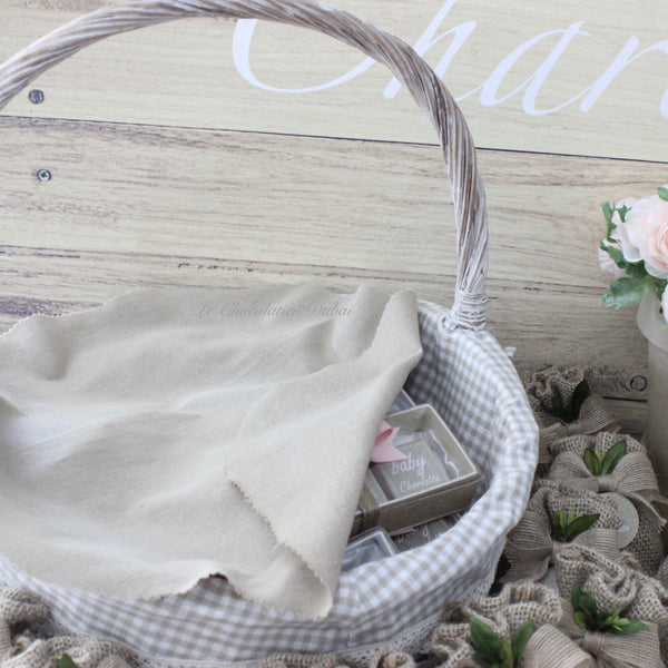 Baby girl rustic floral chocolate wood stand with personalized backdrop.