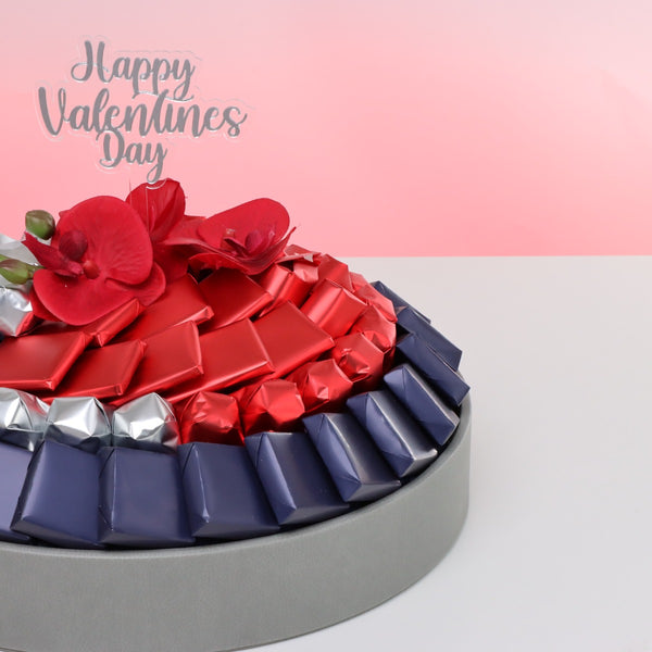 Happy valentine's day orchid decorated chocolate leather round tray