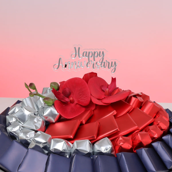 Happy anniversary orchid decorated chocolate leather round tray