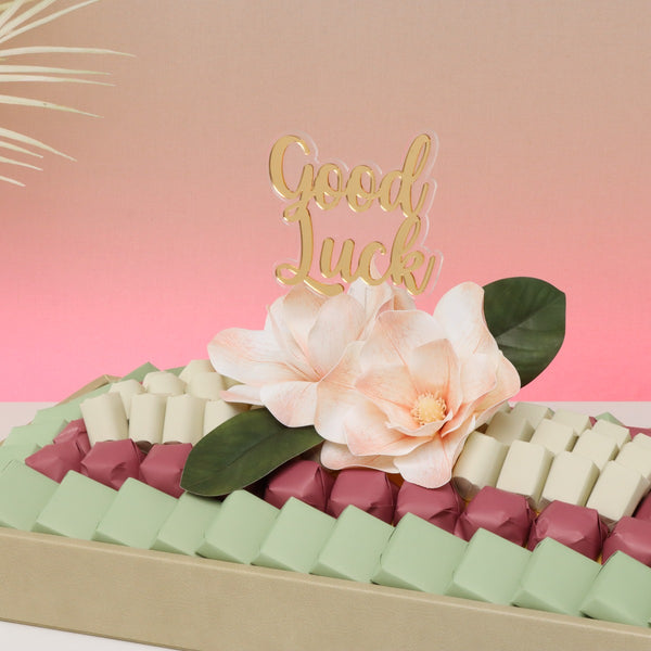 Good luck peach magnolia decorated premium chocolate leather tray