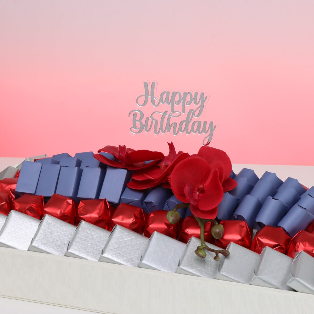 Happy birthday orchid decorated chocolate leather tray