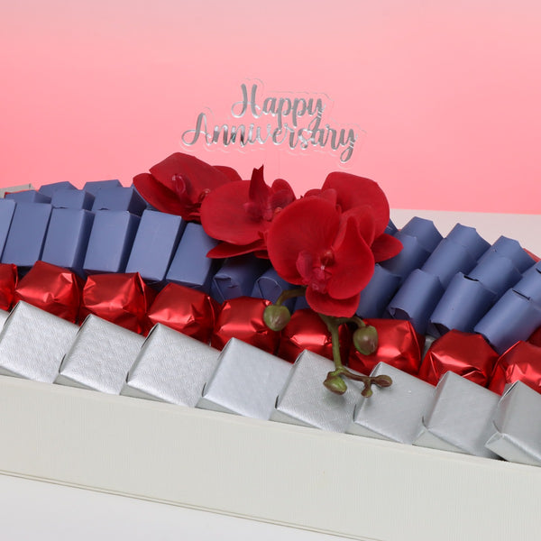 Happy anniversary orchid decorated chocolate medium leather tray