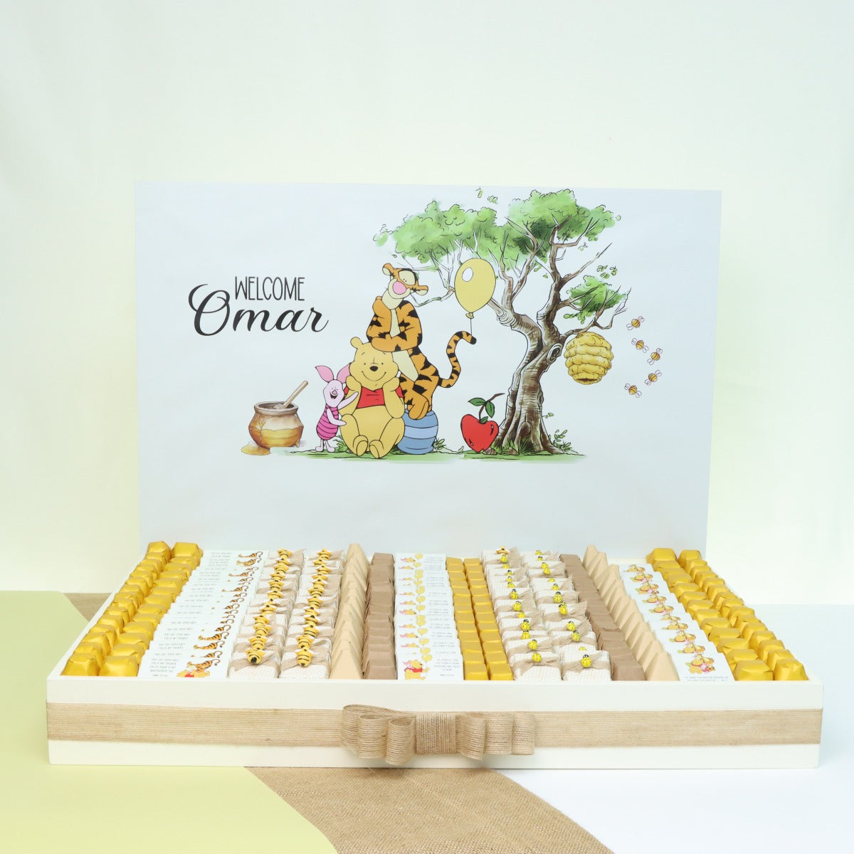 Baby pooh themed personalized chocolate wood stand