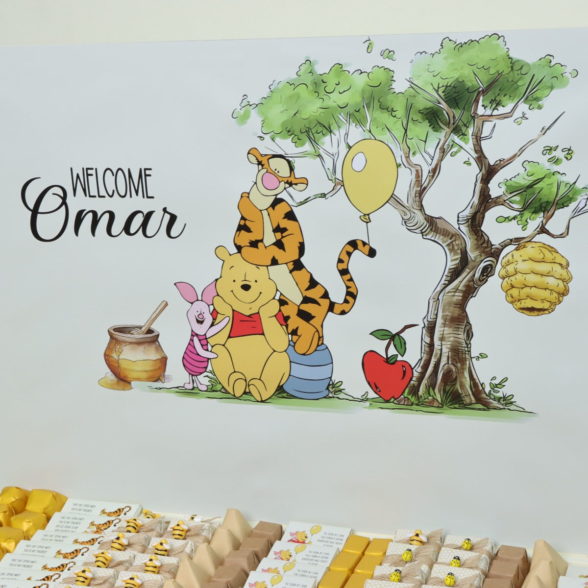 Baby pooh themed personalized chocolate wood stand